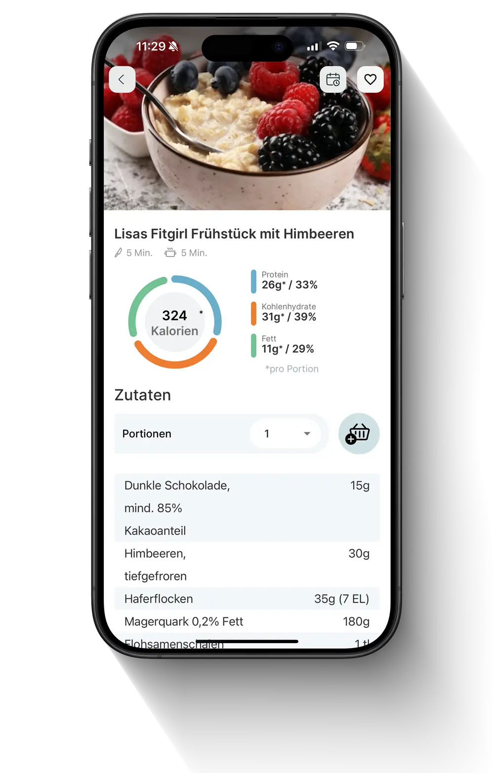 Bildschirmfoto aus der Trainings-App: Vorgestellt wird ein Frühstücksrezept mit Himbeeren aus dem Ernährungsplan.