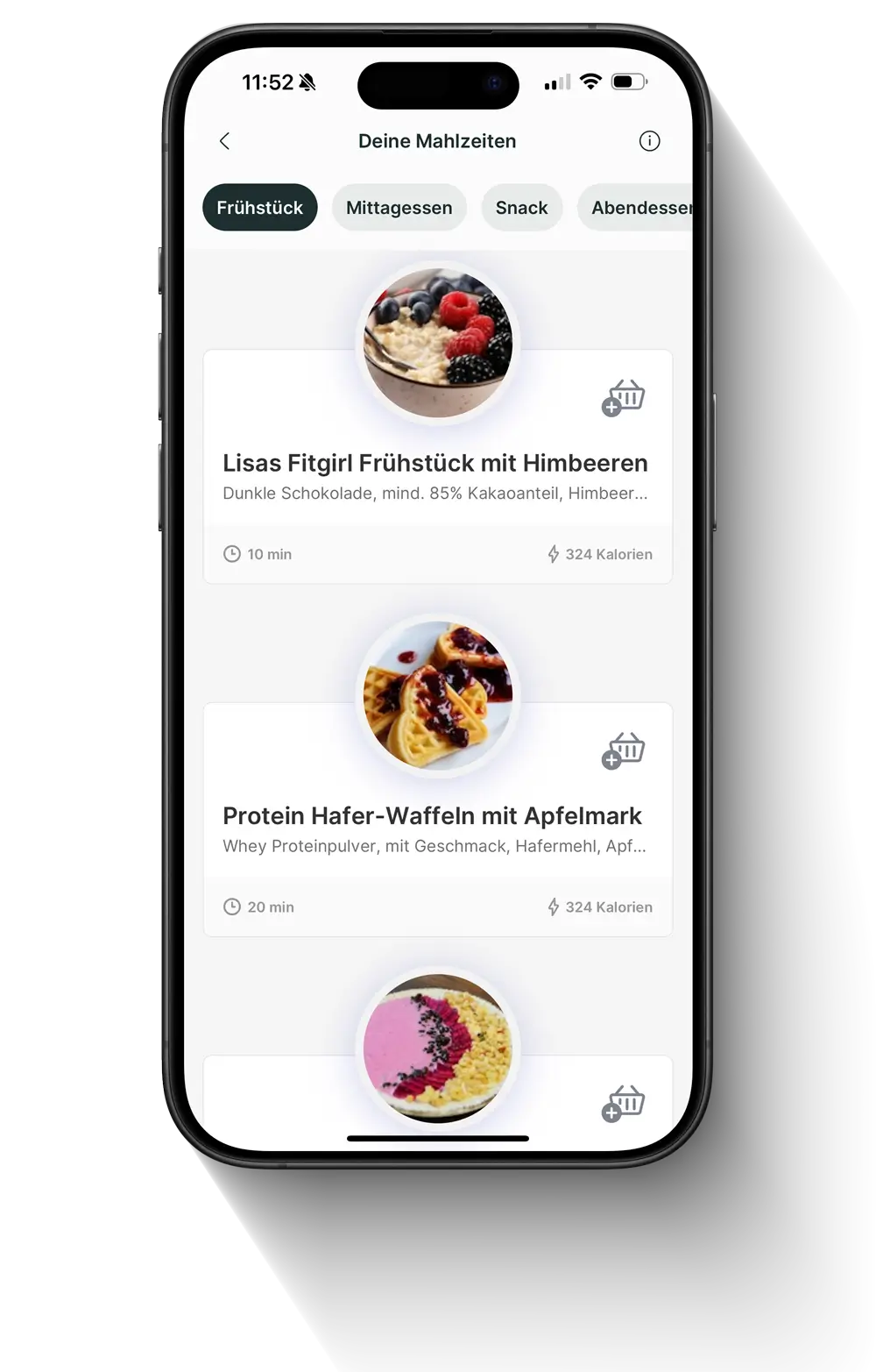 Bildschirmfoto aus der Trainings-App: Es wird eine Übersicht verschiedener Gerichte aus dem Ernährungsplan vorgestellt