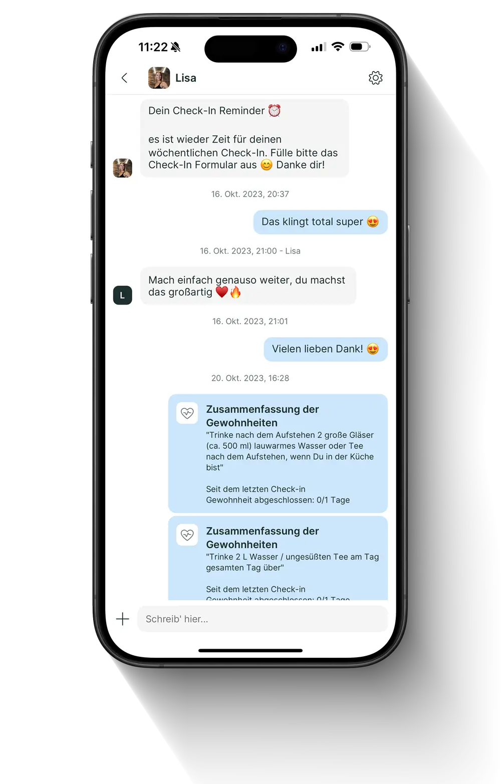 Bildschirmfoto aus der Trainings-App: Es wird wird die Chatfunktion gezeigt mit der man direkt mit dem Coach Kontakt aufnehmen kann