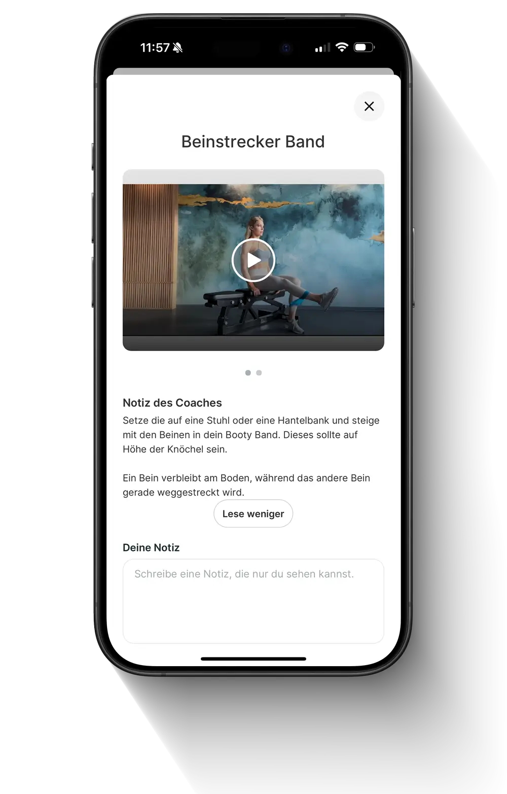 Bildschirmfoto aus der Trainings-App: Es wird gezeigt wie in der App einzelne Übungen im Detail vorgestellt werden um eine korrekte Ausführung zu gewährleisten